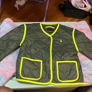 Polo by Ralph Lauren Olive Green Quilted Jacket with Neon Yellow Trim